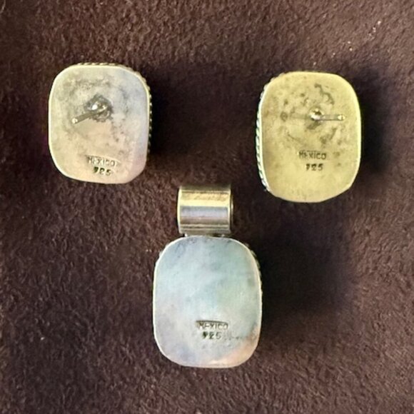 vintage sterling silver jasper square southwest mexico stud earrings & pendant - Picture 2 of 3
